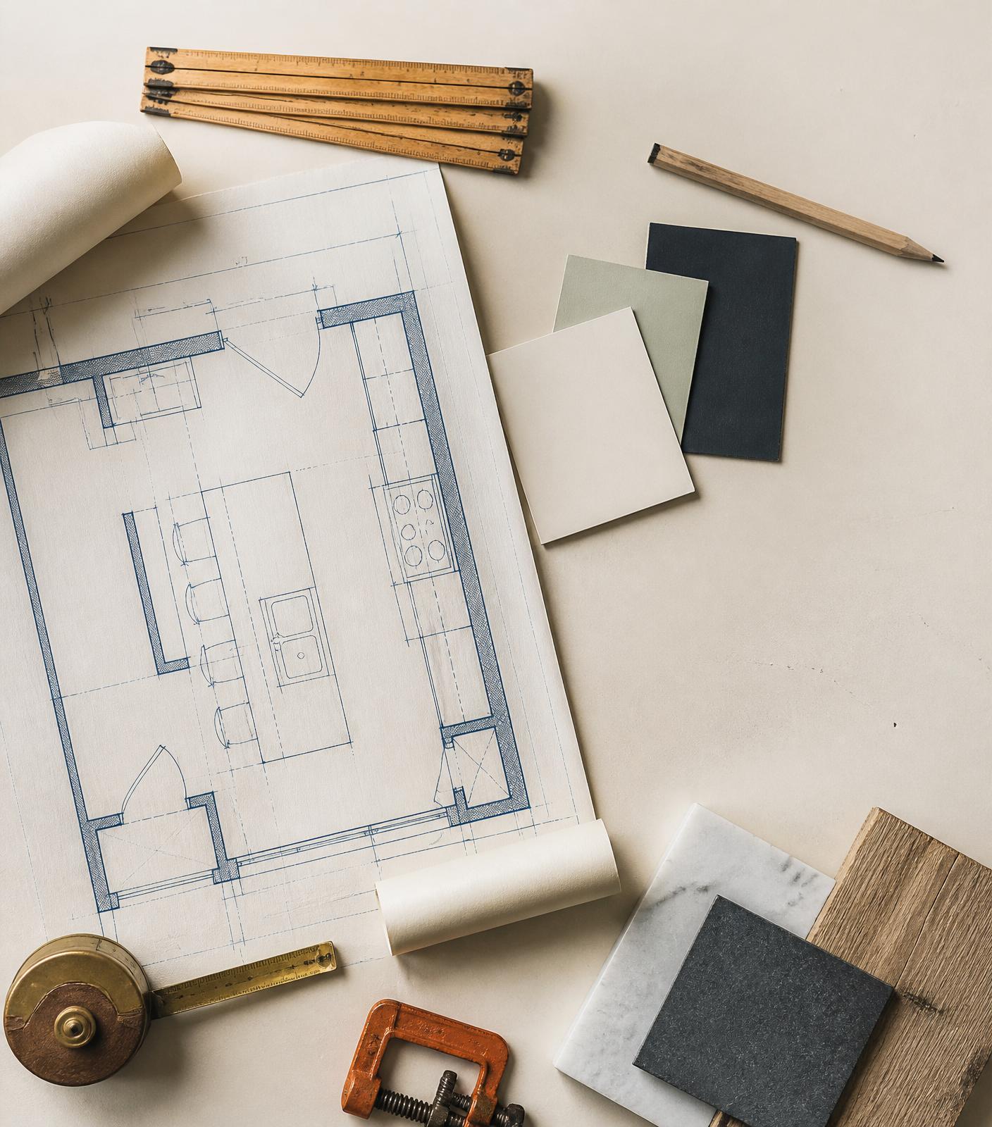 Renovation blueprint with measuring instruments